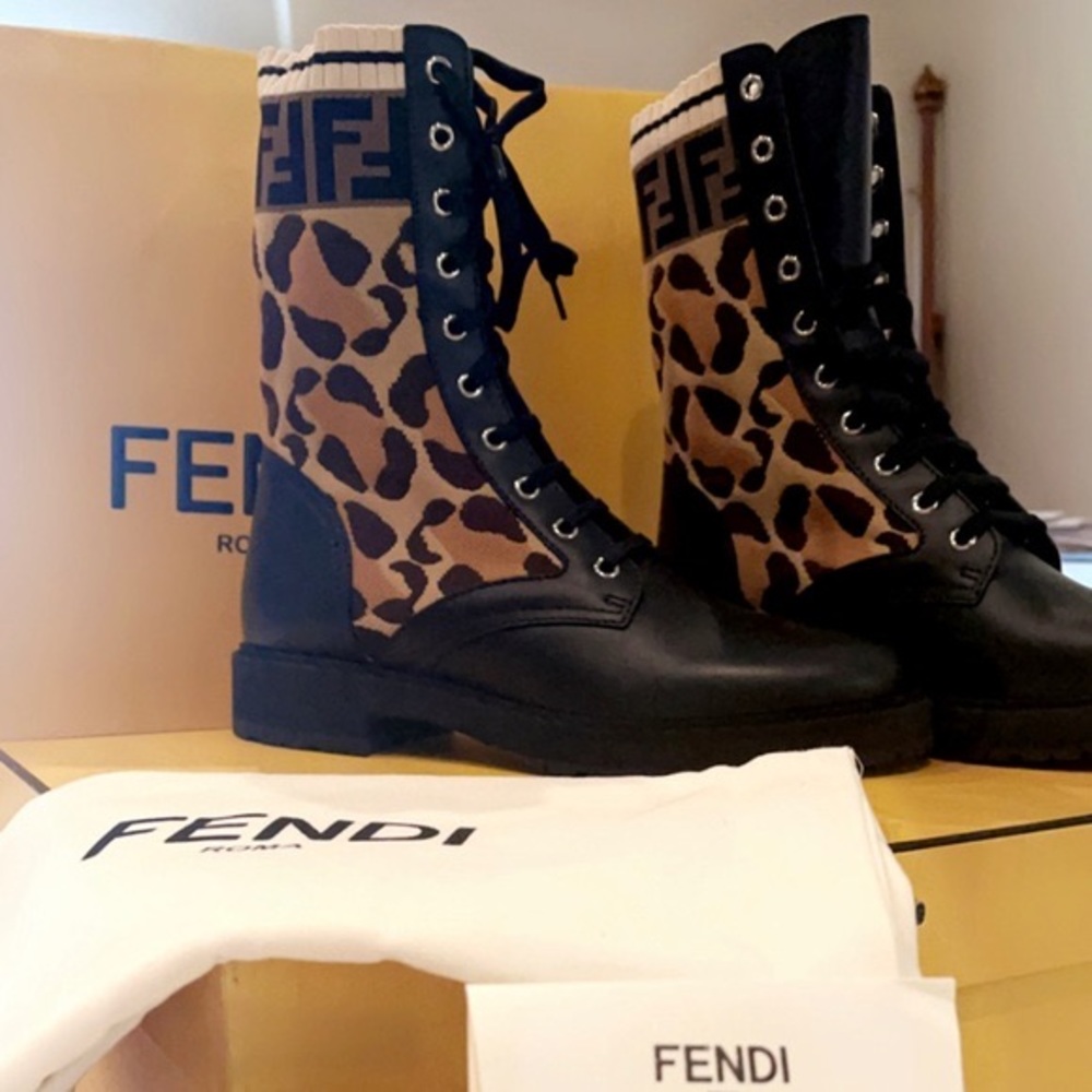 COPY - Fendi Rockoko Knit Leather Combat Boots (New)